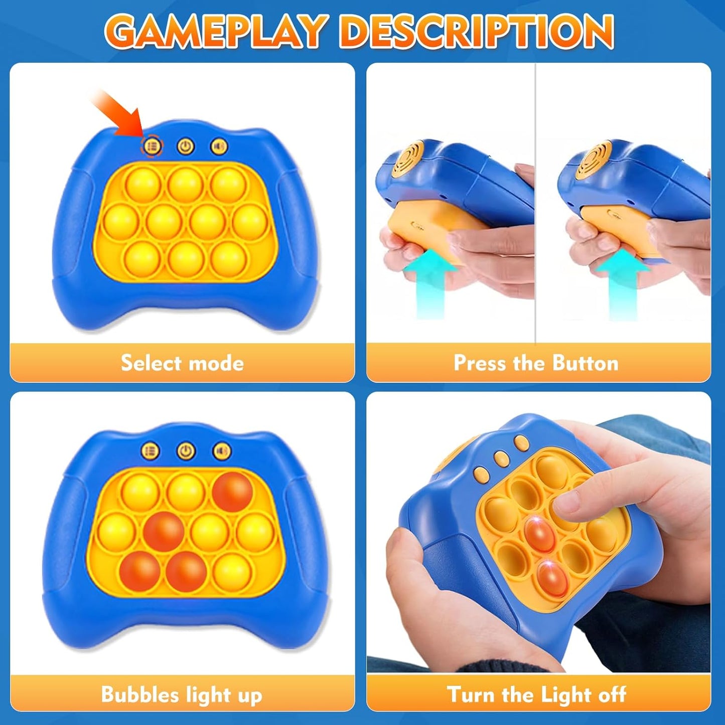 Quick Push Bubble Game for Kids 3+, Electronic Quick Push Game Console, 4 Modes Push Pop Game Christmas Birthday Gifts for Boys Girls Adults, Light-Up Interactive Educational Sensory Fidget Toy, Blue