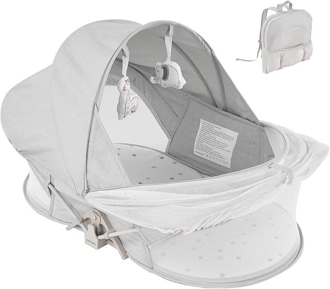 Portable Baby Bassinet Travel Baby Bed included Carry Backpack , Baby Cribs Travel Pod for Outdoors Baby Lounger Infant Travel Bed with Mosquito Net and Sunshade Canopy, Lightweight Washable Foldable
