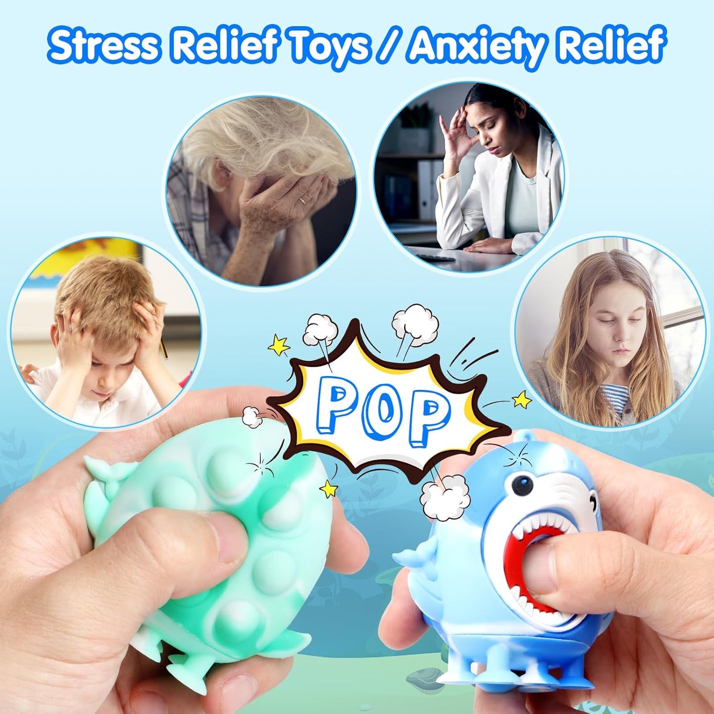 4 PCS Shark Party Favors for Kids,Silicone Shark Suction Bath Toys,3D Shark Pop Fidget Toys Sensory Toys,Stress Relief Desk Toys,Party Favors Shark Toys for Kids