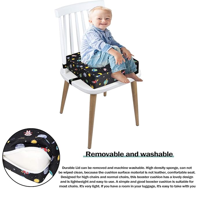 Taeku Booster Seat for Dining Table, Portable Kids Toddler Booster Chair Increasing Cushion Cartoon Seat Pad with 2 Safety Buckles for Kitchen Restaurant (Planet Black)