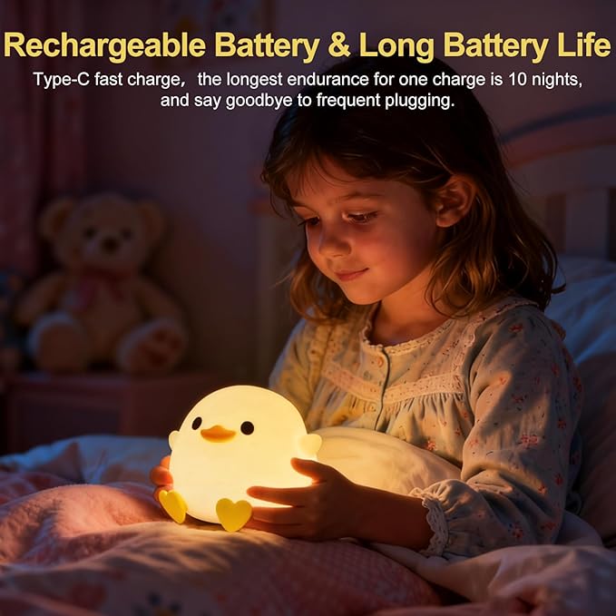 Cute Duck Night Light,Squishy Bean Shape DoDo Duck Lamp with Dimmable LED, Safe Silicone Nightlight for Nursery, Rechargeable Touch Lamp for Bedside Table,Ideal Gift for Children and Teens