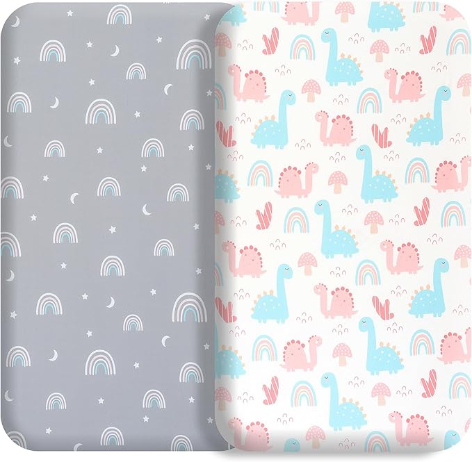 Bassinet Bed Sheet Set 2 Pcs Fits Rectangle Oval Halo Hourglass Mattress Stretch Bassinet Bed Sheet Soft and Comfortable (Deer Park) (Rainbow & Dinosaur)