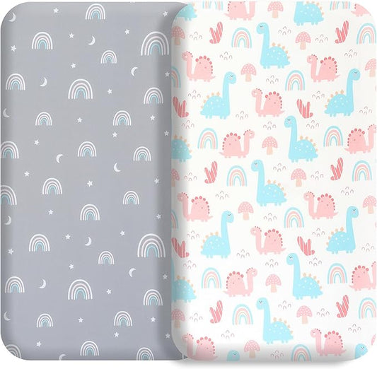 Bassinet Bed Sheet Set 2 Pcs Fits Rectangle Oval Halo Hourglass Mattress Stretch Bassinet Bed Sheet Soft and Comfortable (Deer Park) (Rainbow & Dinosaur)