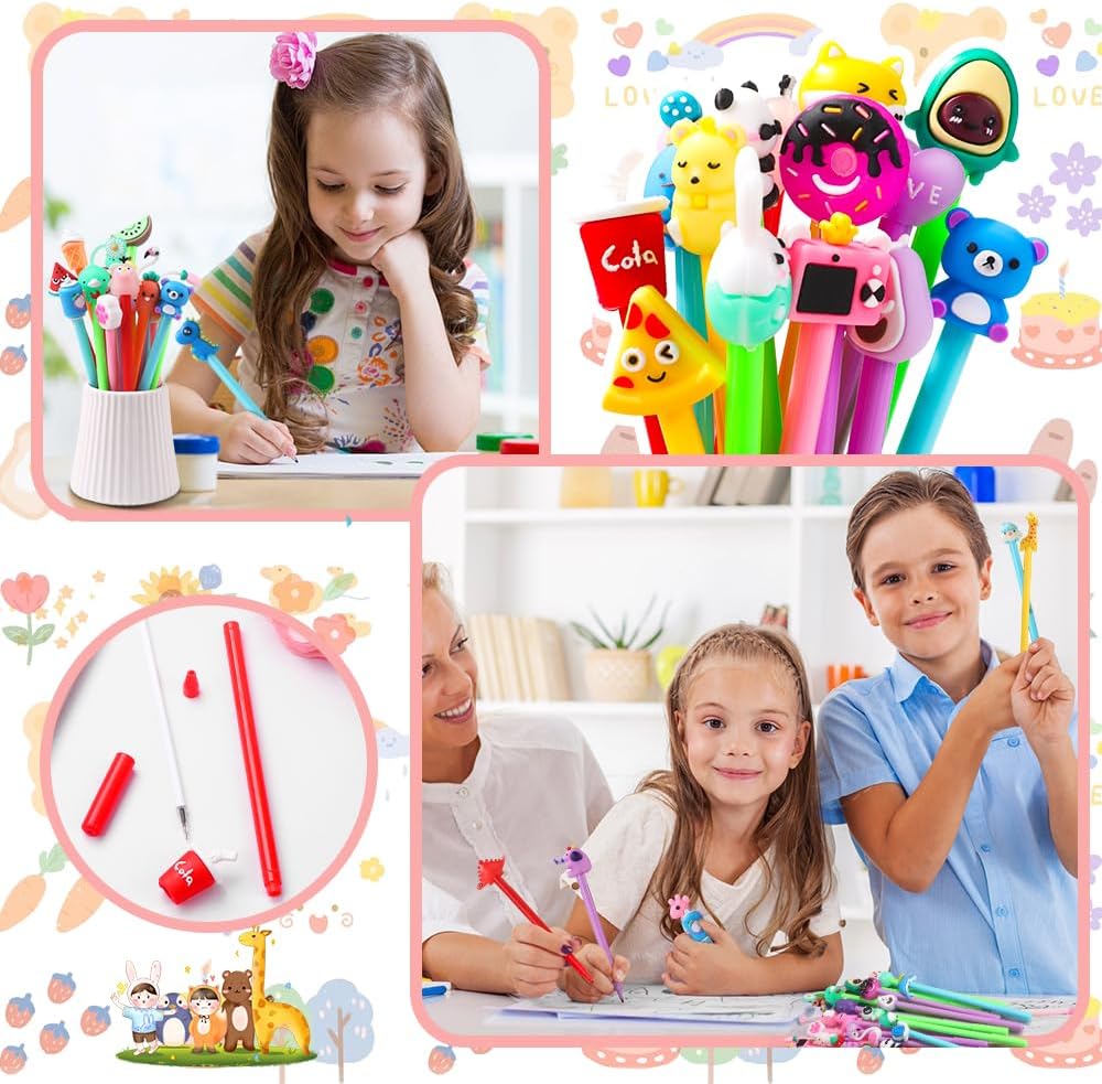 48PCS Cute Cartoon Gel Ink Pens 48 Styles Bulk Novelty Assorted Styles Animal Pens for Kids Fun Writing Students Rewards School Office Home Supplies