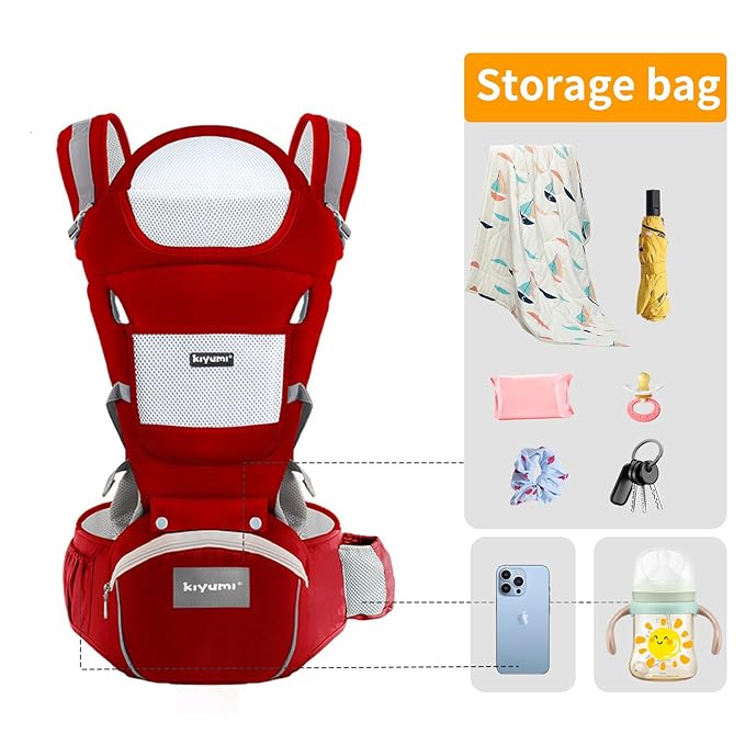 KIYUMI Baby Carrier with Hip Seat, Ergonomic M Position, Newborn to Toddler, Head Support and Breathable Mesh,Adjustable Removable 6- in-1 Baby Baby Sling Carrier (7-45 lbs) for Mom Dad, Red