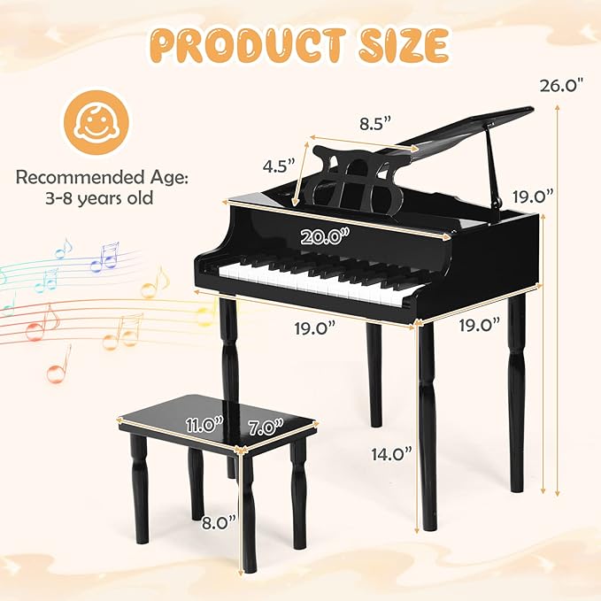 Goplus 30-Key Classical Kids Piano, Mini Grand Piano Wooden Learn-to-Play Musical Instrument Toy with Bench, Piano Lid, Music Rack, Gift for Boys Girls Aged 2+ Baby Toddler (4 Straight Leg-Black)