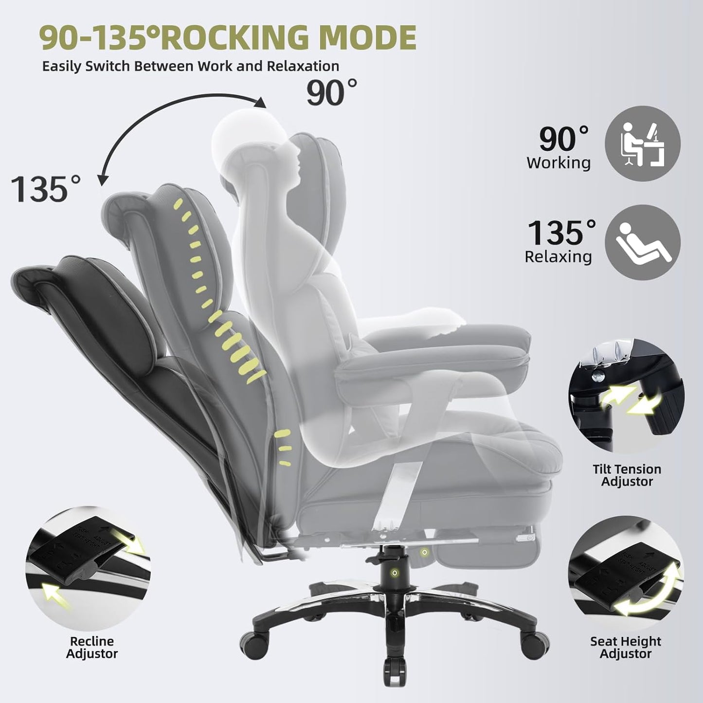 Efomao Big and Tall Office Chair with Footrest – High Back Computer Chair with Adjustable Armrests，Executive Office Chair with Wide Seat, Modern Desk Chair for Home Office, Gaming, or Study, Black