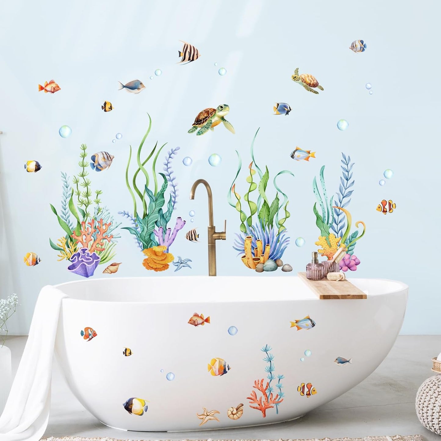 Supzone Under The Sea Wall Decals, Seaweed Grass Ocean Fish Sea Turtle Underwater Wall Stickers Vinyl Decor for Baby Boys Kids Nursery Bedroom Bathroom Classroom Playroom