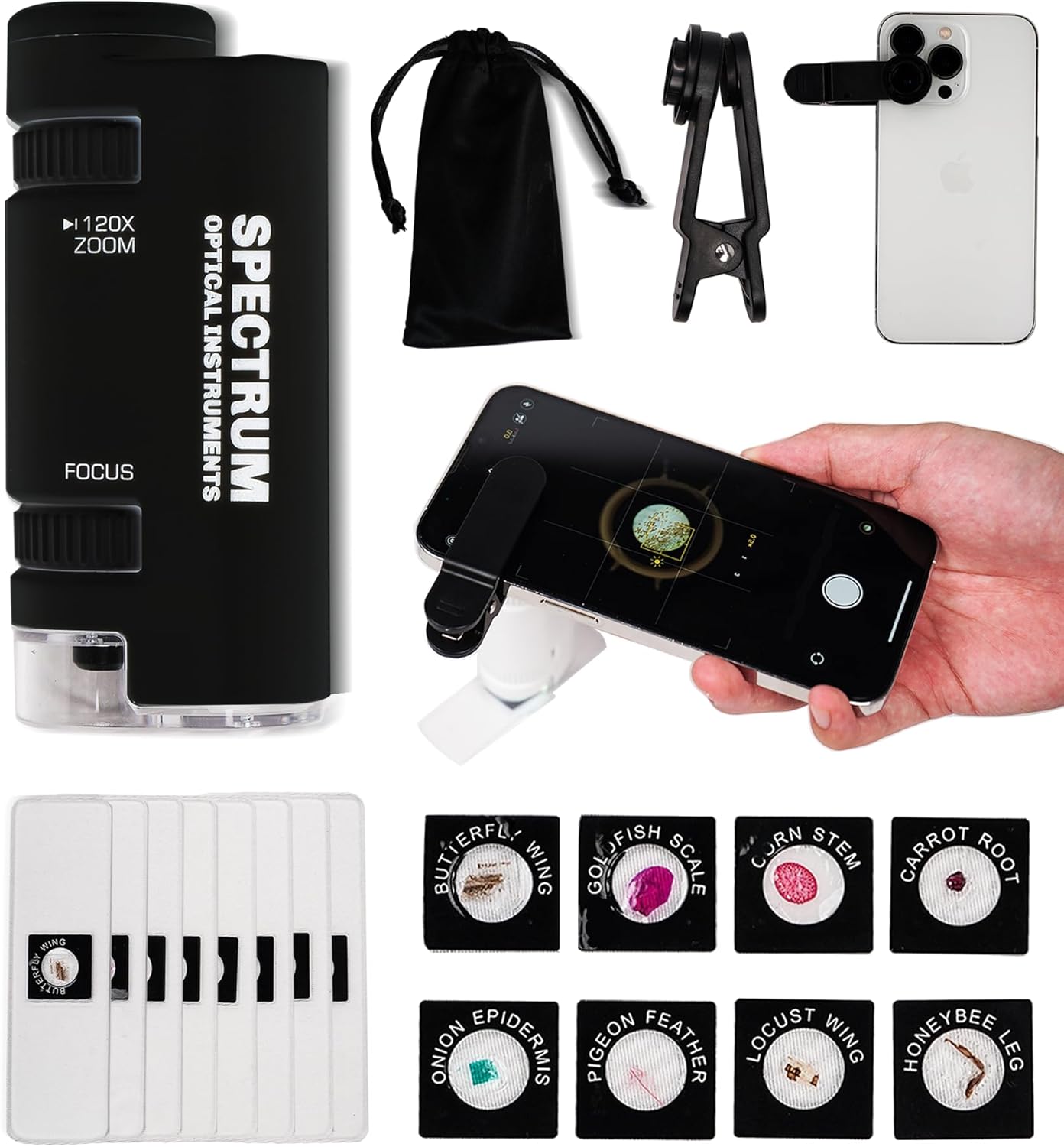 EasyMicro LED Lighted Pocket Microscope 60-120X Magnification Black Color