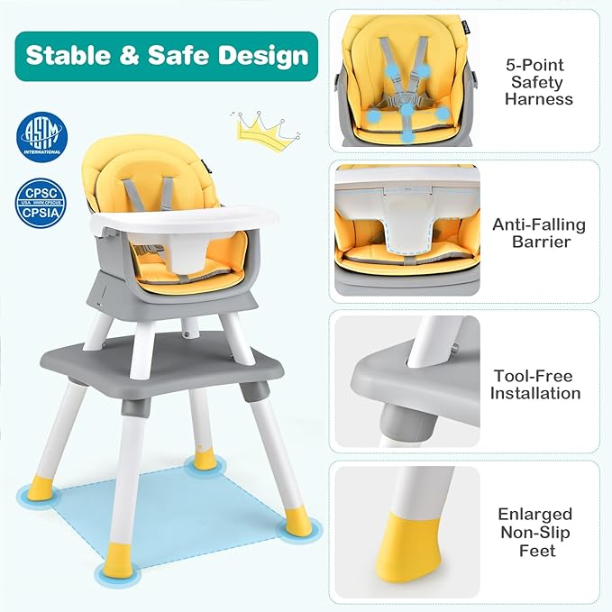 KOTEK Baby High Chair, 8 in 1 Convertible Highchairs for Babies and Toddlers, Building Block Table, Booster Seat, Toddler Chair with Removable Tray, Safety Harness, Dual Cushions (Yellow)
