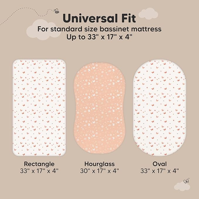 2-pk Waterproof Bassinet Sheets Girls, Boys, Cotton - 33x17 Universal Bassinet Mattress Pad Protector Cover, Compatible with Graco,Baby Delight,Chicco,Halo Bassinest Swivel Sleeper Fitted(Butterflies)