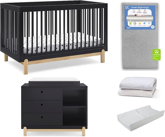 Delta Children Poppy 6-Piece Baby Nursery Furniture SetIncludes: Convertible Crib, Dresser, Changing Top, Mattress, Sheets, & Changing Pad, Midnight Grey w/Natural