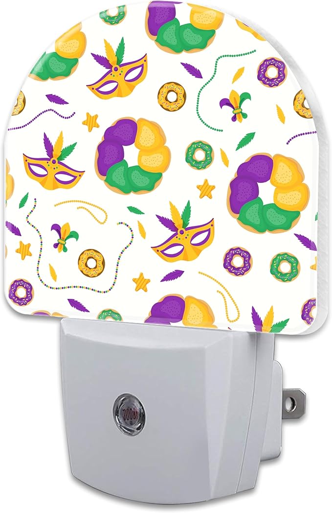 Mardi Gras Carnival Night Light Plug into Wall,Fleur de Lis Mask and Donuts Dusk to Dawn Night Light Plug in,0.5w Energy Saving Sleep Friendly NightLight for Kids Boys Girls Home Decor