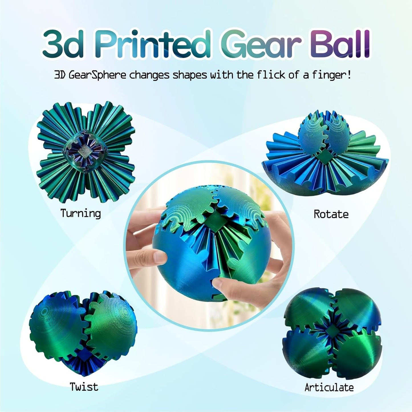 GearSphere Fidget Toy, 3D Printed Gear Ball Spin Ball Cube Desk Toy, 2024 Gear Sphere Cube Puzzle for Adults Kids, Stress and Anxiety Relaxing Fidget Toy (Blue-Green)