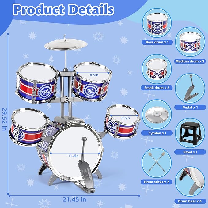 Kids Drum Set, Drum Set for Toddlers with Stool Upgraded Plastic Rock Jazz Drum Kit Musical Instruments Toys Gifts for 1 3 5 7 9 12 Years Boys Girls