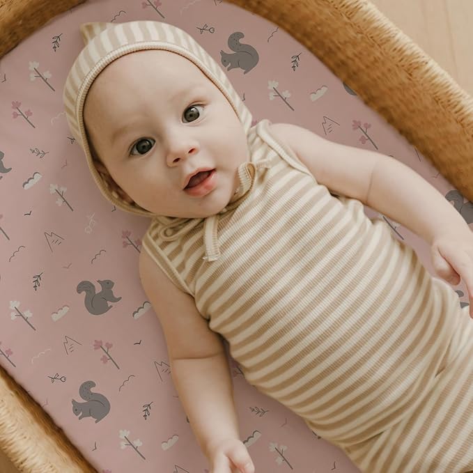 Stretch Fitted Bassinet Sheet Set BROLEX 2 Pack Cradle Sheets for Bassinet Pad/Mattress,Unisex Boys Girls,Ultra Soft,Squirrel Deer