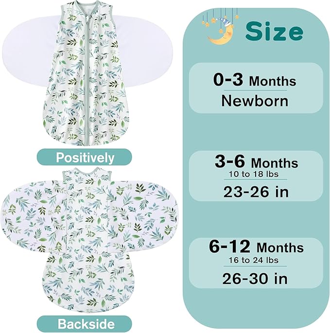 Newborn Sleep Sack Baby Swaddle,Swaddle me 0-3 Month,3-Way Adjustable Wearable Blanket,100% Rayon Cotton Swaddling Sleeping Bag，TOG 0.5 (Leaf, 0-3 Months)