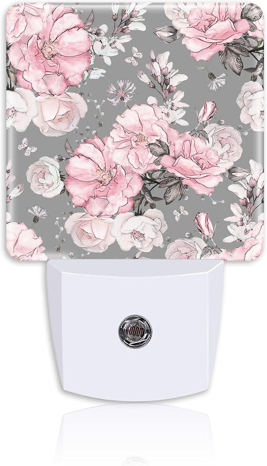 Night Light Plug Wall,Pink Flowers and Grey Leaves LED Night Lights with Dusk to Dawn Light Sensor for Women Girls Boys Room Decor,Hallway,Kitchen,Bathroom,Nursery,Stairs