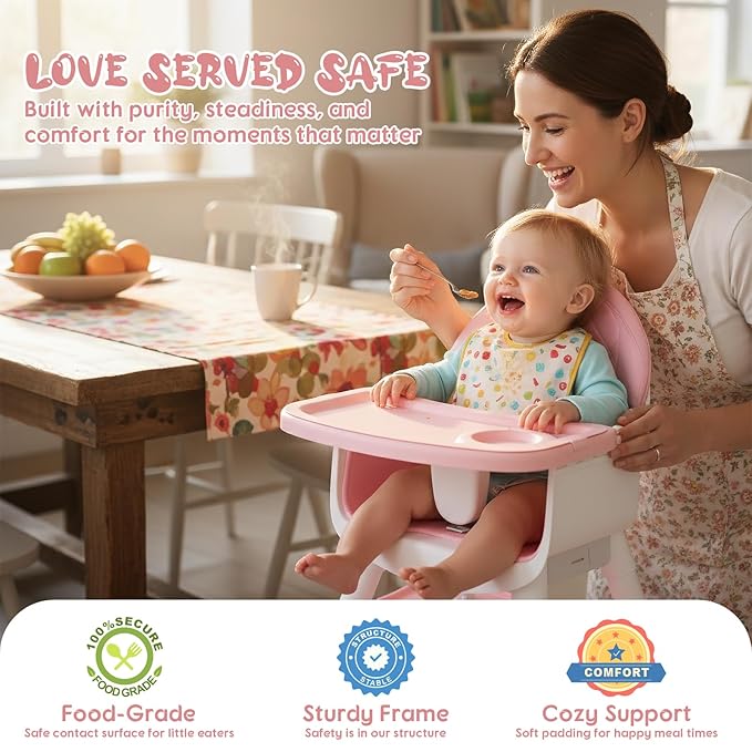 6 in 1 Baby High Chair, Convertible Highchair for Babies and Toddlers (Pink)