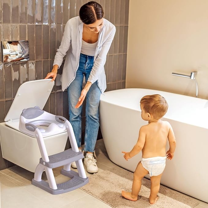 SKYROKU Potty Training Toilet, New Sector-Shape Stabilized Base two in one Toddler Toilet Seat with Splash Guard, Anti Slip Pad, and Step Stool Enamel Grey