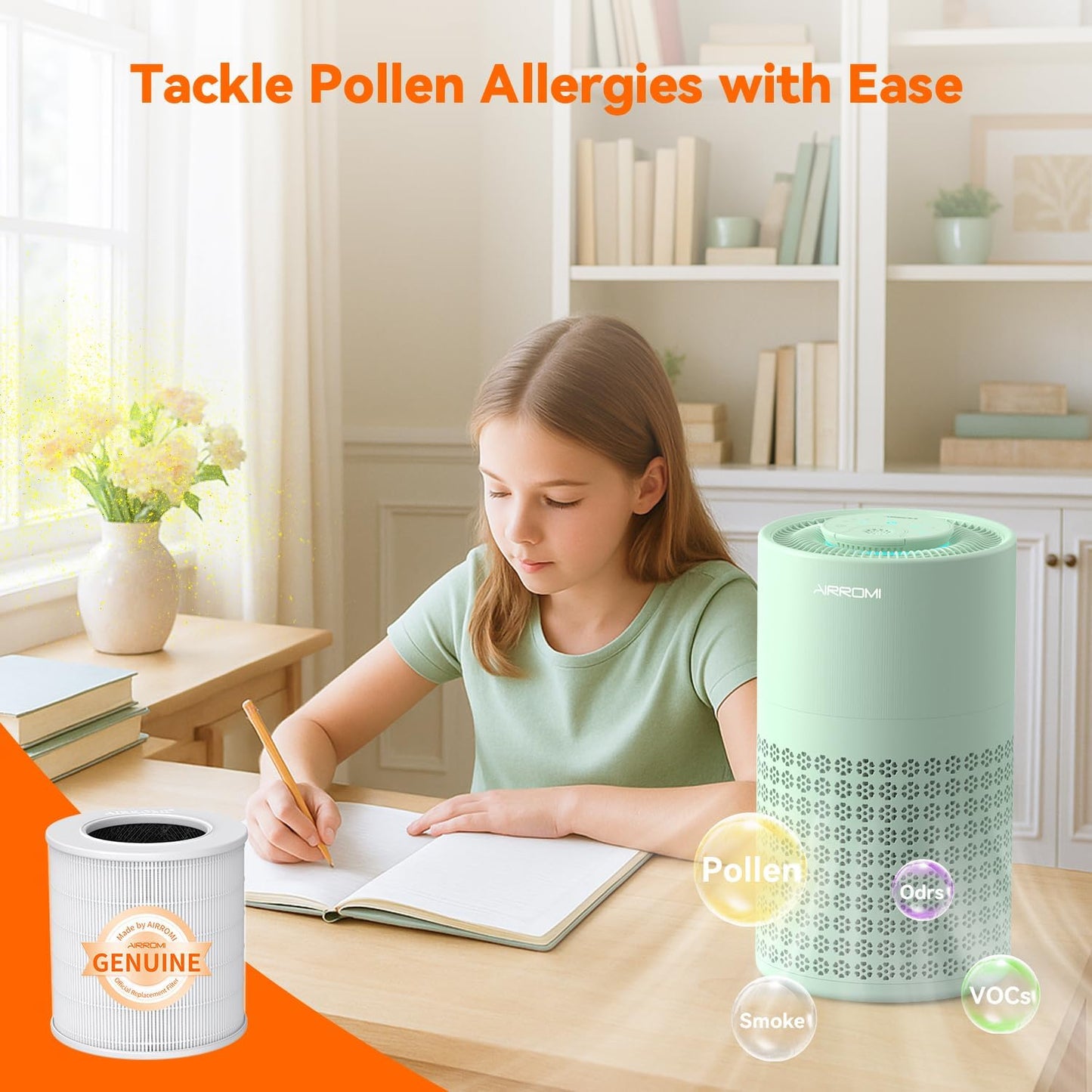 AIRROMI Air Purifier for Bedroom with HEPA 3-in-1 Filter, Pet Air Purifier for Home Cat Pee Smell, Covers Upto 990 Ft², Quiet 360°intake Air Cleaner for pet hair,allergies,Dust,Smoke A2001 Green