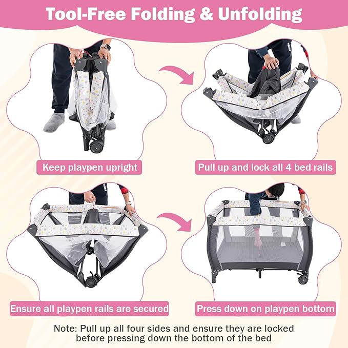 HONEY JOY Pack and Play, 3 in 1 Portable Baby Playard with Bassinet, Changing Table, Lockable Wheels, Music Box, Foldable Travel Baby Crib Nursery Center from Newborn to Toddler (Water Drop Gray)