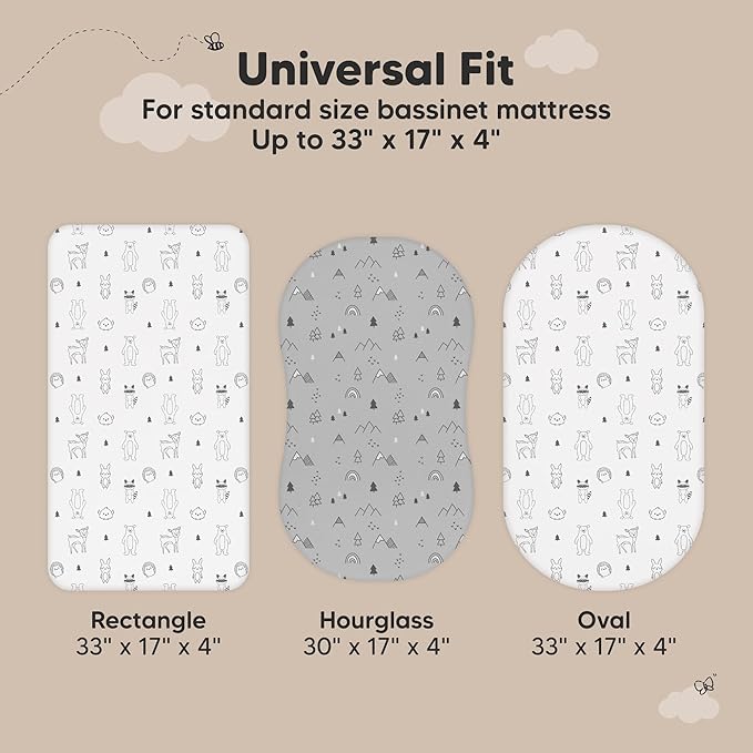 2-pk Waterproof Bassinet Sheets Girls, Boys, Cotton - 33x17 Universal Bassinet Mattress Pad Protector Cover, Compatible with Graco,Baby Delight,Chicco,Halo Bassinest Swivel Sleeper Fitted (Woodland)