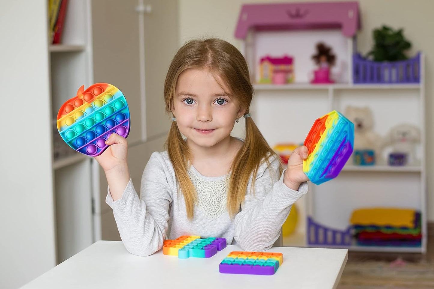 Enovoe Pop Fidget Toys - 4 Pack, Push Pop Toys for Kids and Adults 6.77 x 6.5 x 3.11 in - Rainbow Bubble Fidget Poppers - Fidget Shapes - Square Octagon Apple Puzzle