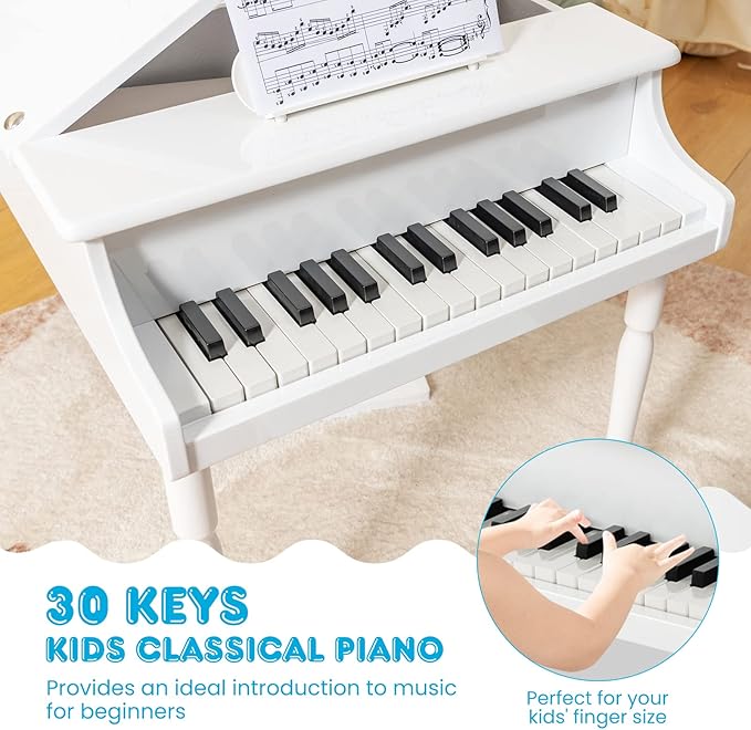 HONEY JOY Classical Kids Piano, 30-Key Mini Grand Piano with Music Stand and Bench, Wooden Musical Instrument Toy w/Lid & Music Rack, Gift for Boys Girls Ages 3+ (3 Straight Leg-White)