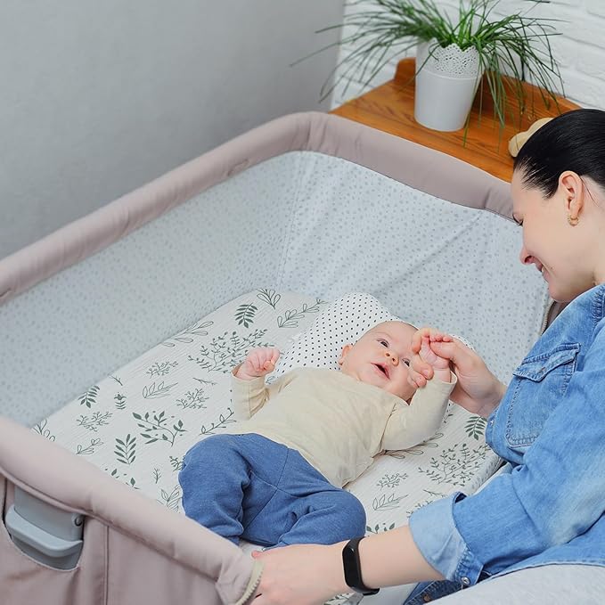 Muslin Mini Crib Sheets, 2 Pack for Baby Boy and Girl, Soft Breathable Stretchy Baby Pack N Play Mattress and Mini Cribs Sheet, Universal Fitted Portable/Mini Crib Mattresses (Natural Leaves)