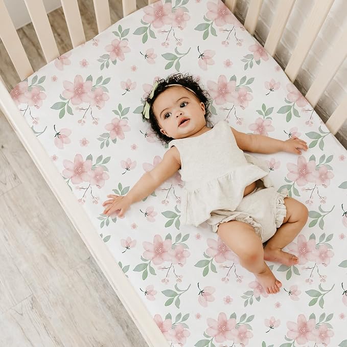 BROLEX Baby Fitted Crib Sheets: Kid Crib Sheets - Set of 2 for Toddler Standard Size Crib Mattress for Boys and Girls - Jersey Knit Crib Bed Sheets Pink Blossom
