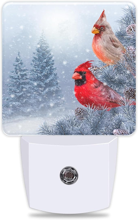 Red Birds Night Light Winter Cardinal Birds Plug in Night Lights LED Lamp with Dusk to Dawn Sensor Auto Energy Saving Square Lights for Bedroom Bathroom Hallway Home Wall Decor Nightlight