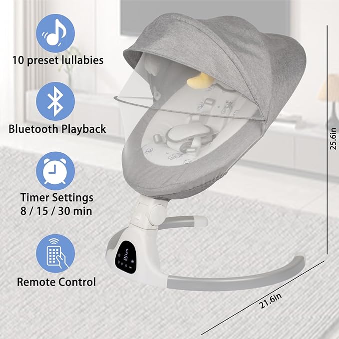 Baby Swing for Infants to Toddler Portable Babies Swing Timing Function 5 Swing Speeds Bluetooth Touch Screen Music Speaker with 10 Preset Lullabies 5-Point Carabiner (Light Grey)