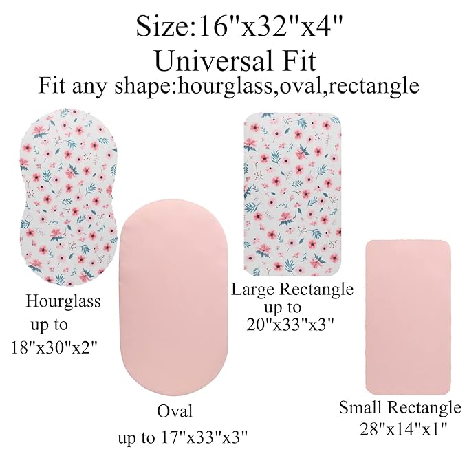 Bassinet Sheet Set 2 Pack Snug Fitted Cradle Fitted Sheets, Stretchy Ultra Soft, for Oval Rectangle Hourglass Bassinet Mattress, Unisex Boy Girl, Floral & Pink
