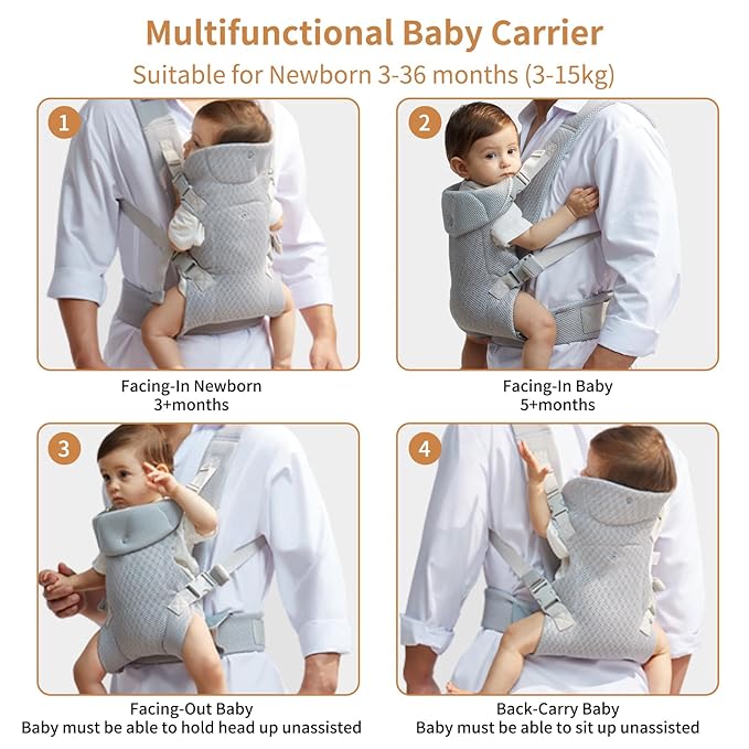 IULONEE Baby Carriers from Newborn with Detachable Bibs Ergonomic Portable Baby Front & Back Backpack Carry Adjustable Toddlers Carrier for Infant Within 33lbs Light Gray