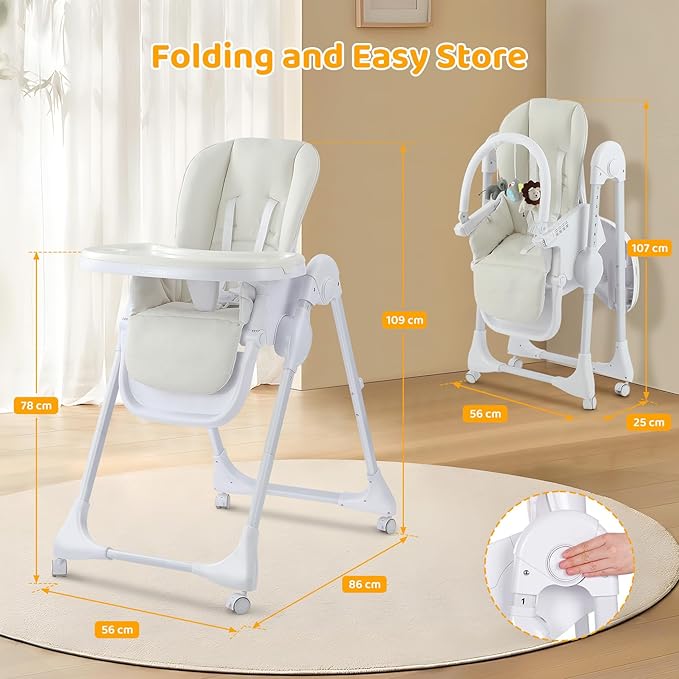 4-in-1 Baby High Chair with Play Bar, 7 Height-Adjustable Children's High Chair with Booster Seat, Stealable and Foldable Children's Chair, Light Beige