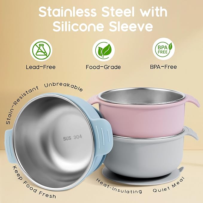 Bella's Friends Stainless Steel and Silicone Baby Bowls with Suction 3 Pack, 4.3” for Toddlers Kids Feeding, Non-Slip, Non-Toxic, Mess-Free, Dishwasher Safe, Fit High Chair Size, light pink blue gray