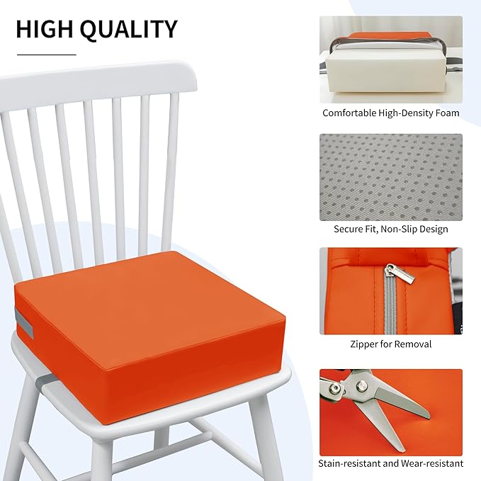 Toddler Booster Seat for Dining Table, 2 Elastic Seat Belts, Anti Scratch PU Skin-Friendly, Waterproof, Anti-Wrinkle, Detachable Non-Slip Bottom - Tangerine