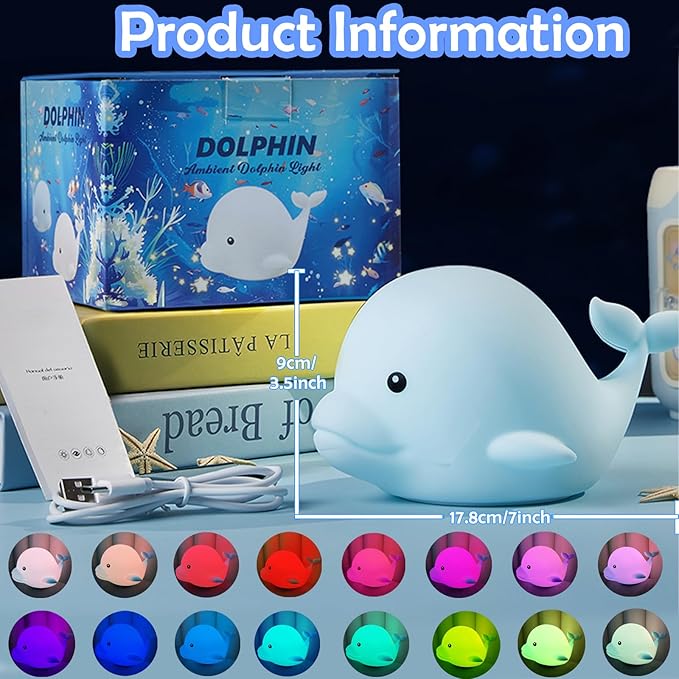 Dolphin Night Light for Kids Cute Night Light,16 Colors Silicone Dimmable Baby Night Lights for Nursery, Rechargeable Nightlight for Kids Room,Gifts Stuff for Boys Girls Baby,Toddler Decor