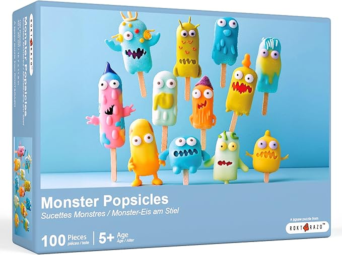 100 Pieces Jigsaw Puzzles, Large Pieces, Puzzles for Beginners, Easy Puzzles for Kids and Seniors, Family Game Nights, Finish Size 15.7 x 11.8 in (Monster Popsicles)