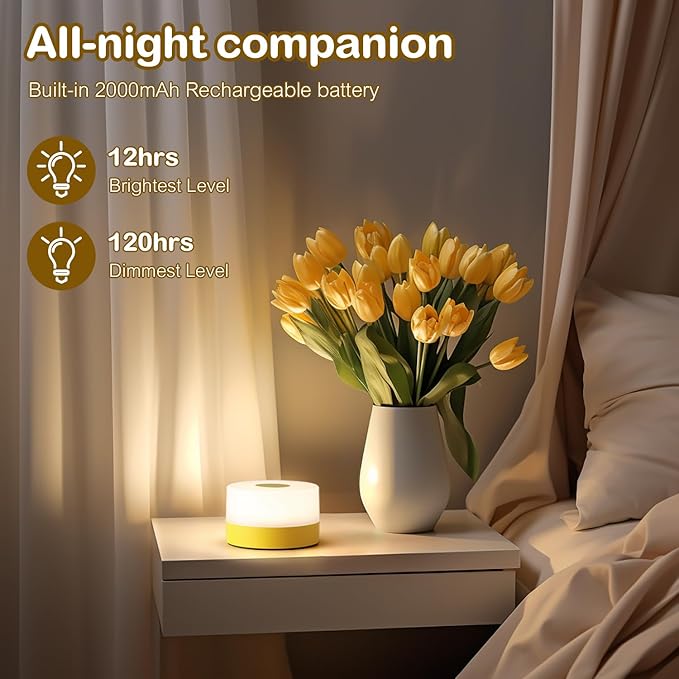 JUSHENG Night Light for Baby Nursery, USB Rechargeable Touch Lamp for Bedroom Nightstand with 3CCT & Dimming Function LED Battery Operated Lamp as Kids Night Light with Cute Design, Bright Yellow