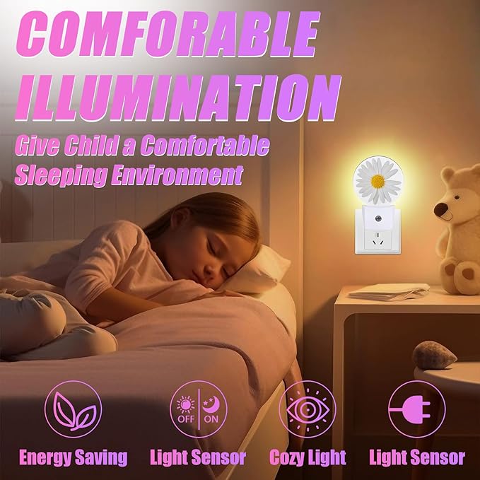 Daisy Night Light Chamomile Night Lights LED Lamp Round Plug into Wall Nightlight with Dusk to Dawn Sensor Home Hallway Stairway Kitchen Decor