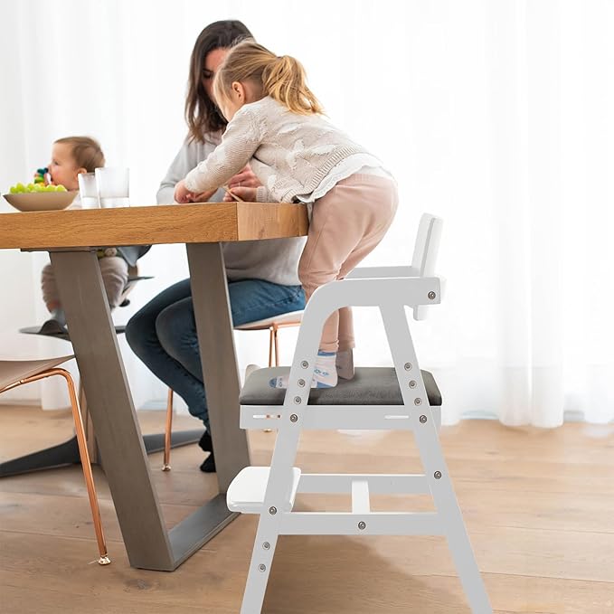 Wooden High Chair Baby Highchair, Portable HighChair for Babies & Toddlers, Adjustable and Convertible Kids Dining Chair with Removable Cushion, Easy to Clean, Water Resistant (White)