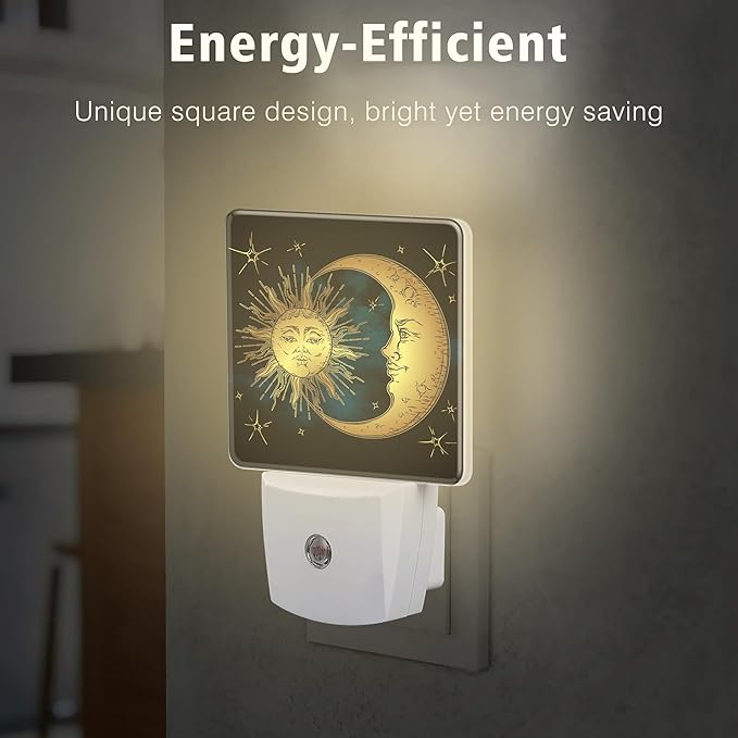 Celestial Moon Sun Night Light Plug into Wall with Dusk to Dawn Light Sensors Boho Chic Stars Night Light LED Lamp for Bedroom Hallway Home Wall Decor Nightlight for Girls Boys Men Women