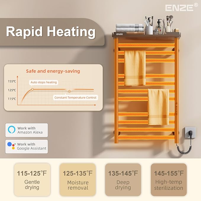 ENZE Heated Towel Rack with Shelf and Wi-Fi App Control, 11 Bars Electric Wall Mounted Towel Warmer with Timer & Adjustable Temperature, Low Carbon Steel, Plug-in/Hardwired, Gray