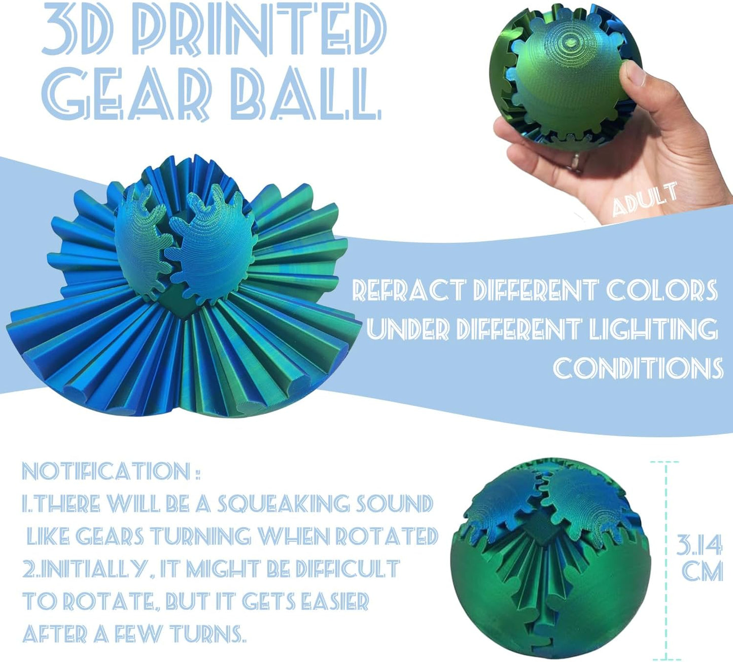 Gear Ball - GearSphere Fidget Toy, 2024 Gear Sphere Cube Puzzlefor Adults Kids Stress and Anxiety Relaxing,3D Printed Spin Ball or Cube Fidget Toy (Blue+Yellow)