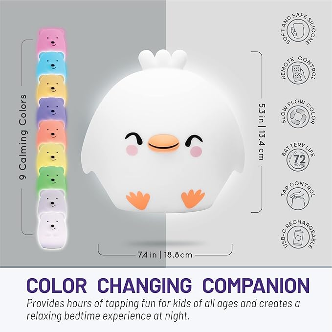 Lumipets Clara The Chick Squishy Silicone Night Light for Kids | Cute Night Light with Remote & Touch Control for Baby & Toddler Bedrooms | Color Changing Portable Animal Nightlight | Soft Mood Lamp