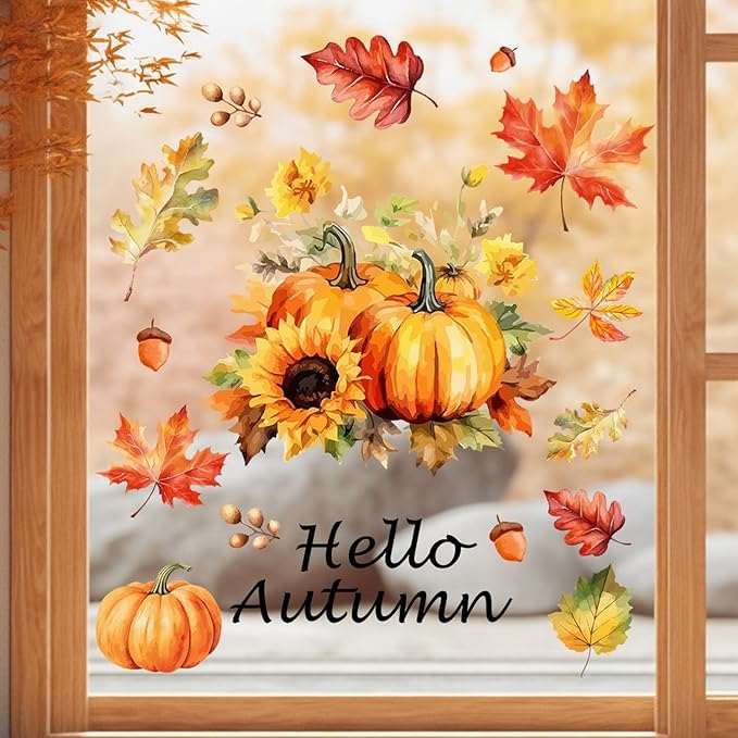 1 Sheet Pumpkin Window Clings Fall Window Clings for Glass Windows Double-Sided Hello Autumn Maple Leaf Flower Pumpkin Window Stickers for Glass Windows Decoration for Party Home Shop Decorations
