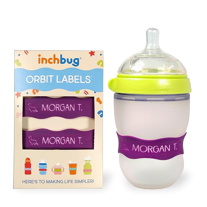 InchBug Orbit Labels - Baby Bottle Name Labels for Daycare, Sippy Cup Bands - Engraved Silicone, Reusable, Dishwasher Safe, White Contrasting Personalization, 4-Pack (Grape Juice)