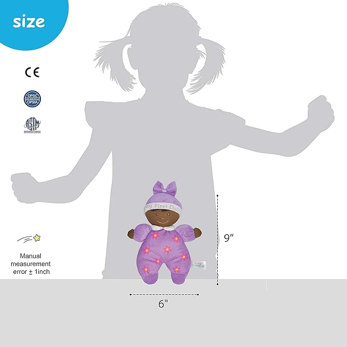 June Garden 9" My First Doll Hazel - Soft Plush Baby Doll with Rattle - Purple Outfit